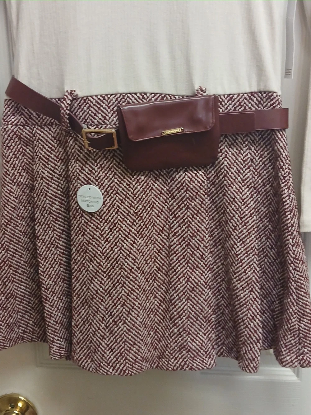 Tahari Girl Mixed Media Dress Size 10 Ribbed Long Sleeve Herringbone Skirt Belt